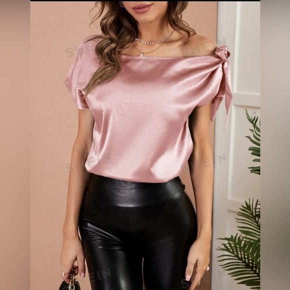 SHEIN Tops - SHEIN Privé Tie Shoulder Asymmetrical Neck Satin Blouse
